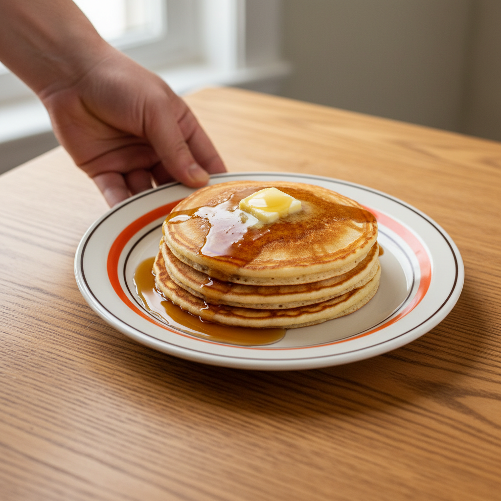 カフェプレートレトロオレンジにパンケーキを盛り付け