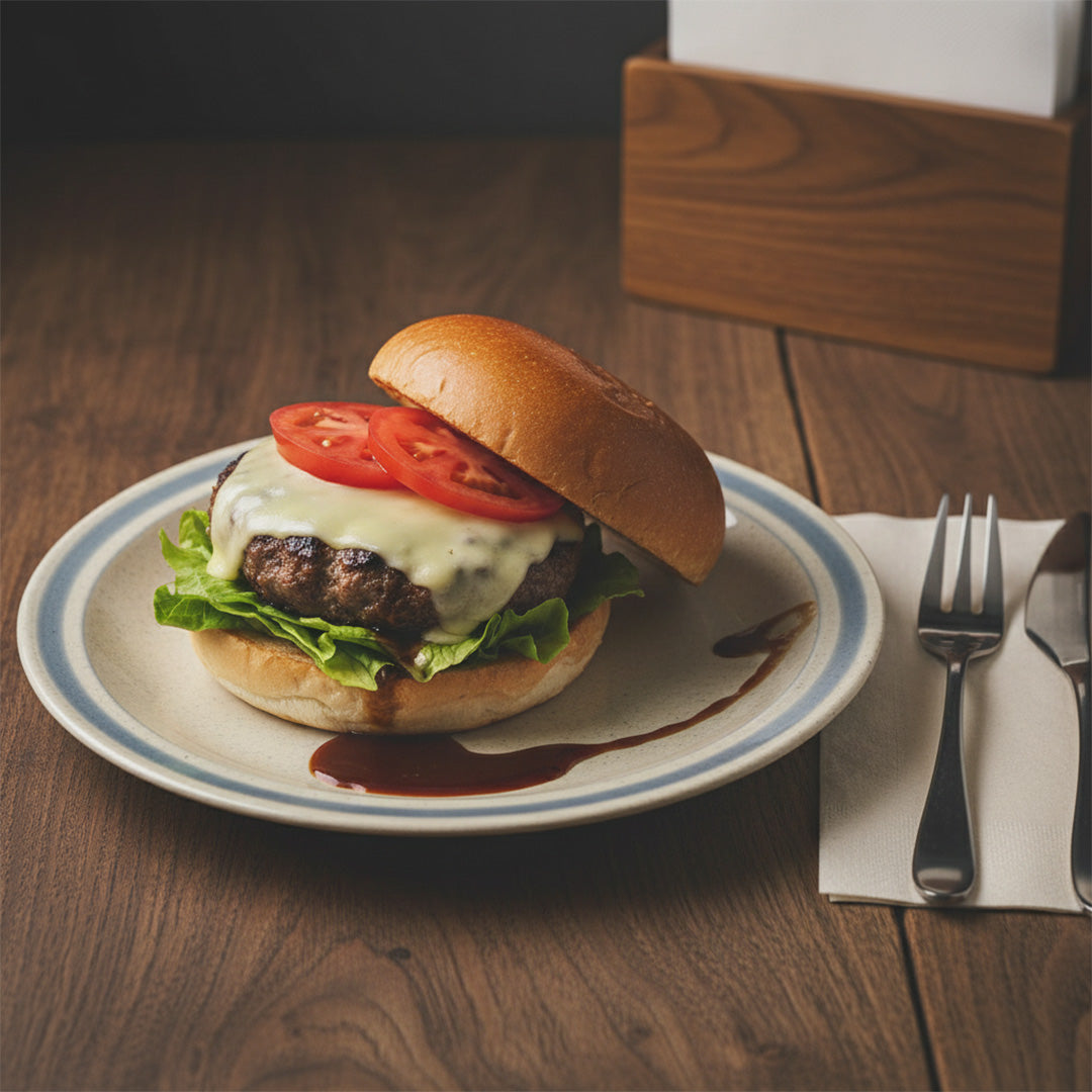 ハンバーガーを乗せたカフェプレートヴィンテージストーン